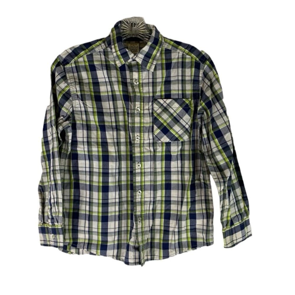5/$15 Faded Glory Shirt Boys Blue Green Plaid Button Down Long Sleeve L 10/12